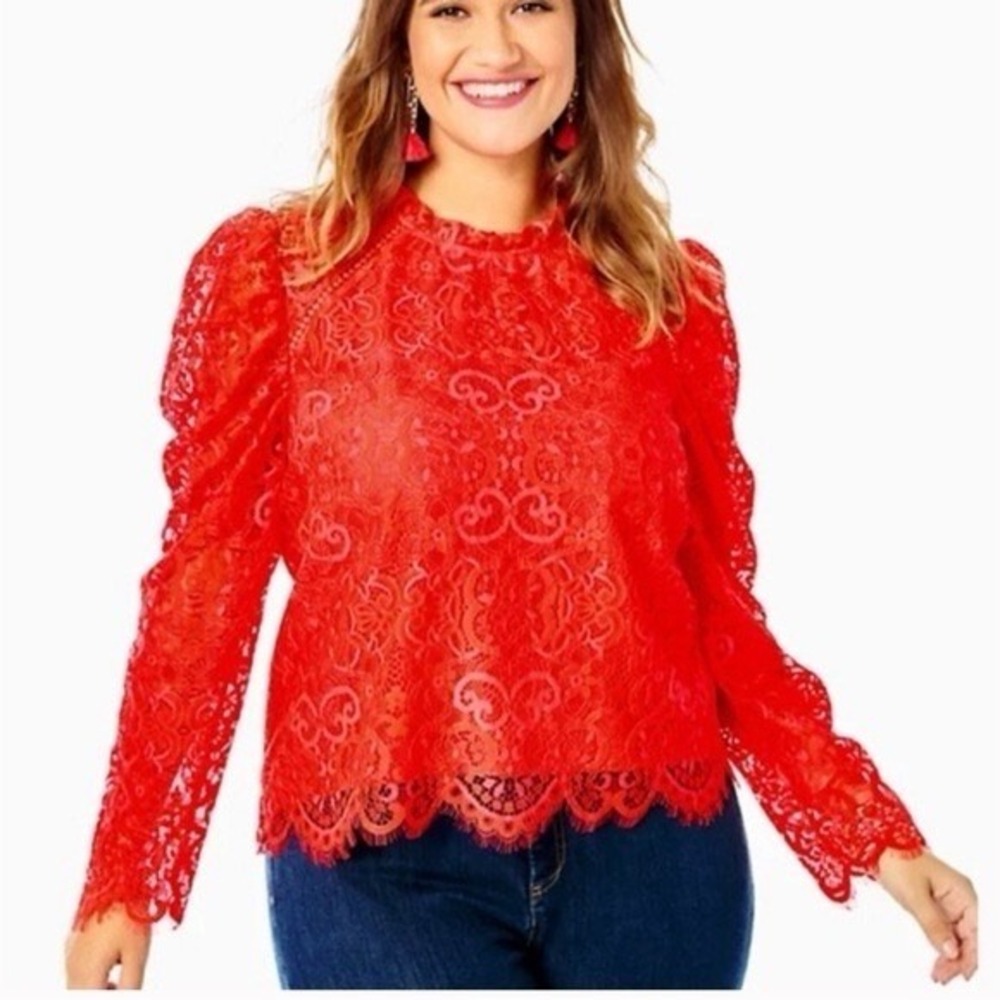 Lilly Pulitzer Top XL Ruby Red Averi Ruffle Carnival Lace Long Sleeve Raw Ed NEW